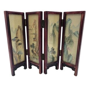 Vintage Chinese 4 Panel Screen Artist Hand Painted Silk Lacquer Wood Glass